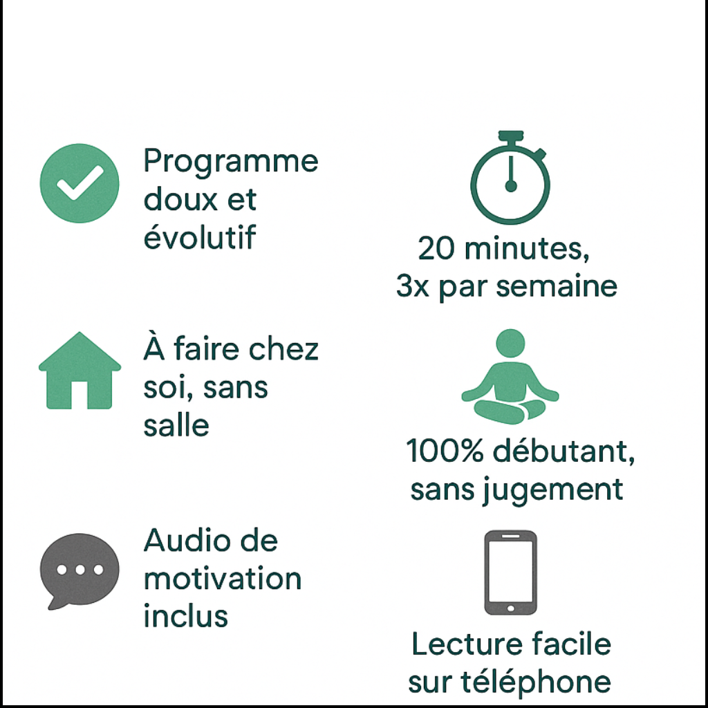 Badge programme TousFitness – avantages pour débutants à domicile (20 min, sans salle, audio inclus
