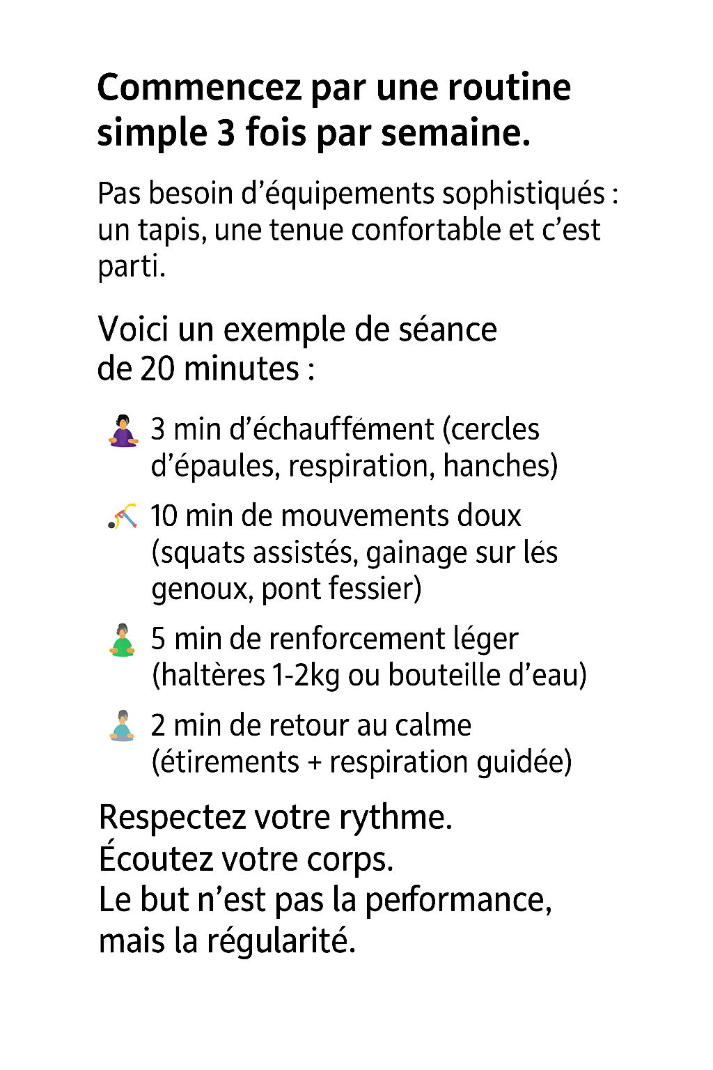 routine fitness pour débutants à la maison avec échauffement, exercices doux, sans équipements